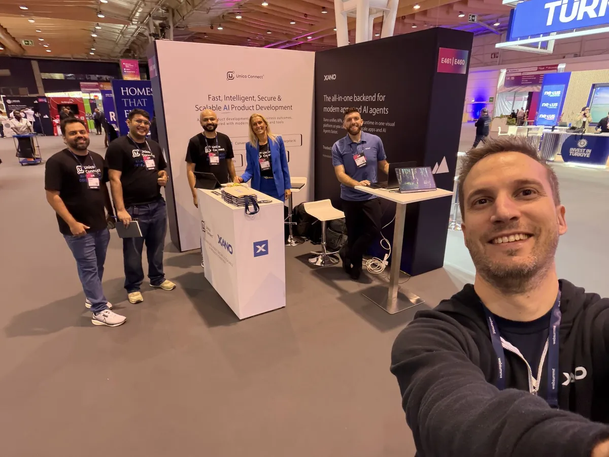 Daniel Petro demoing MCP (Model Context Protocol) and agent-ready backends at the Xano booth at Web Summit 25 in Lisbon, Portugal