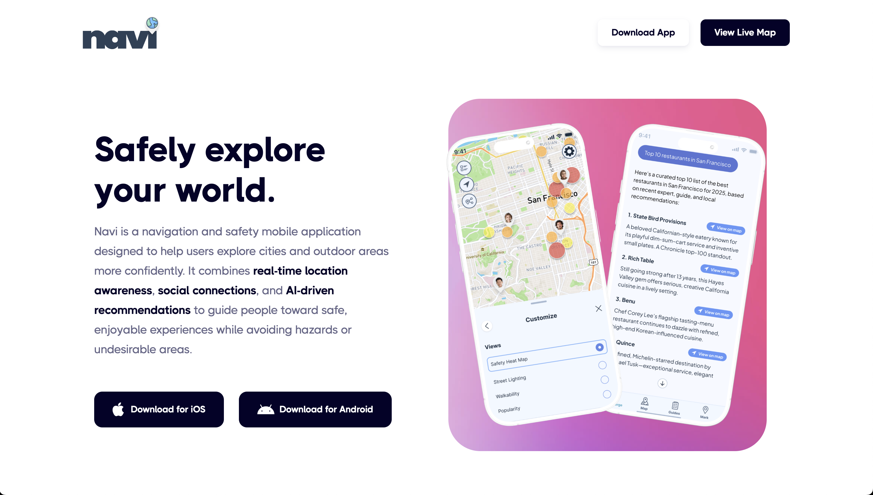 Mobile safety app screens with live location sharing